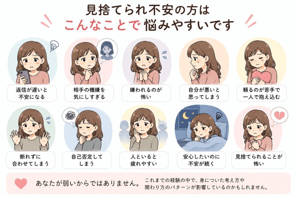 見捨てられ不安の特徴として人の顔色を気にしたり嫌われることを恐れる女性のイラスト