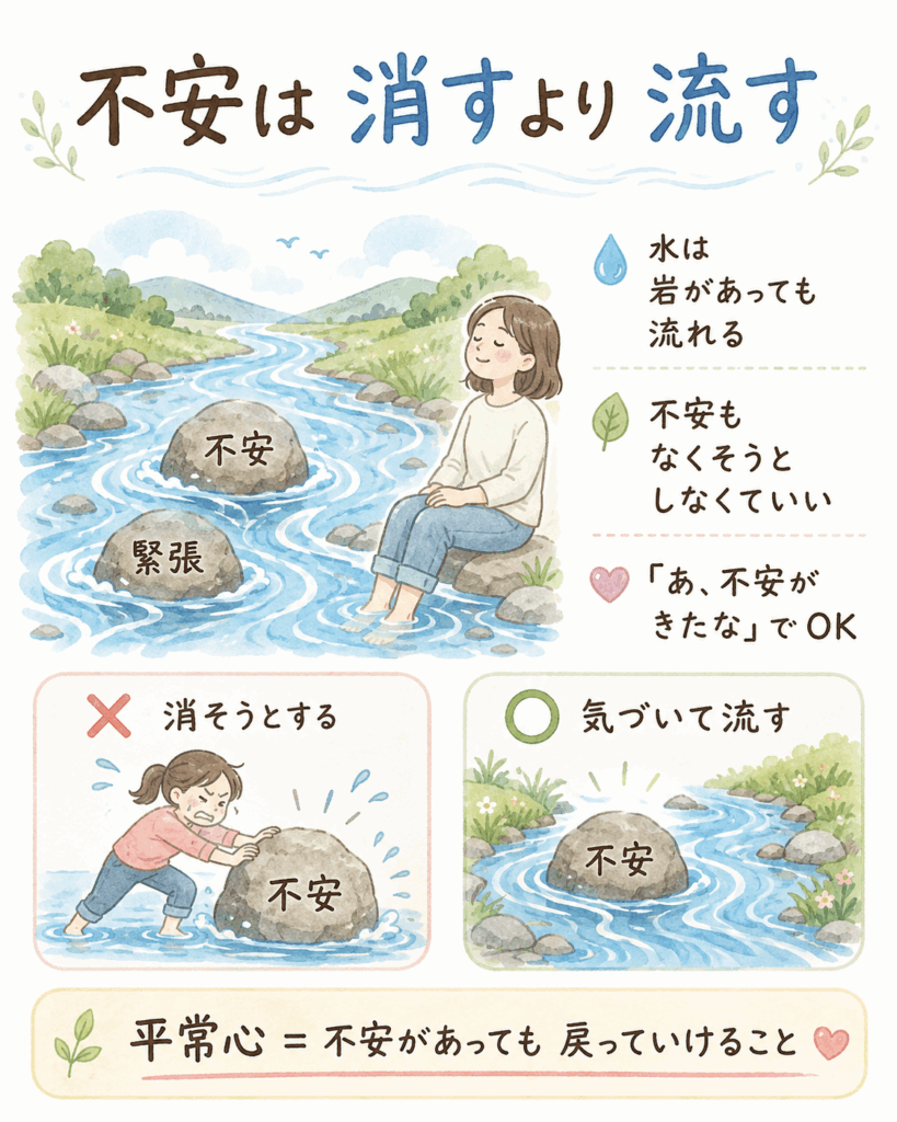 不安や緊張を岩にたとえ、水が岩を避けて流れるように「不安を消そうとせず流す」考え方を説明したイラスト