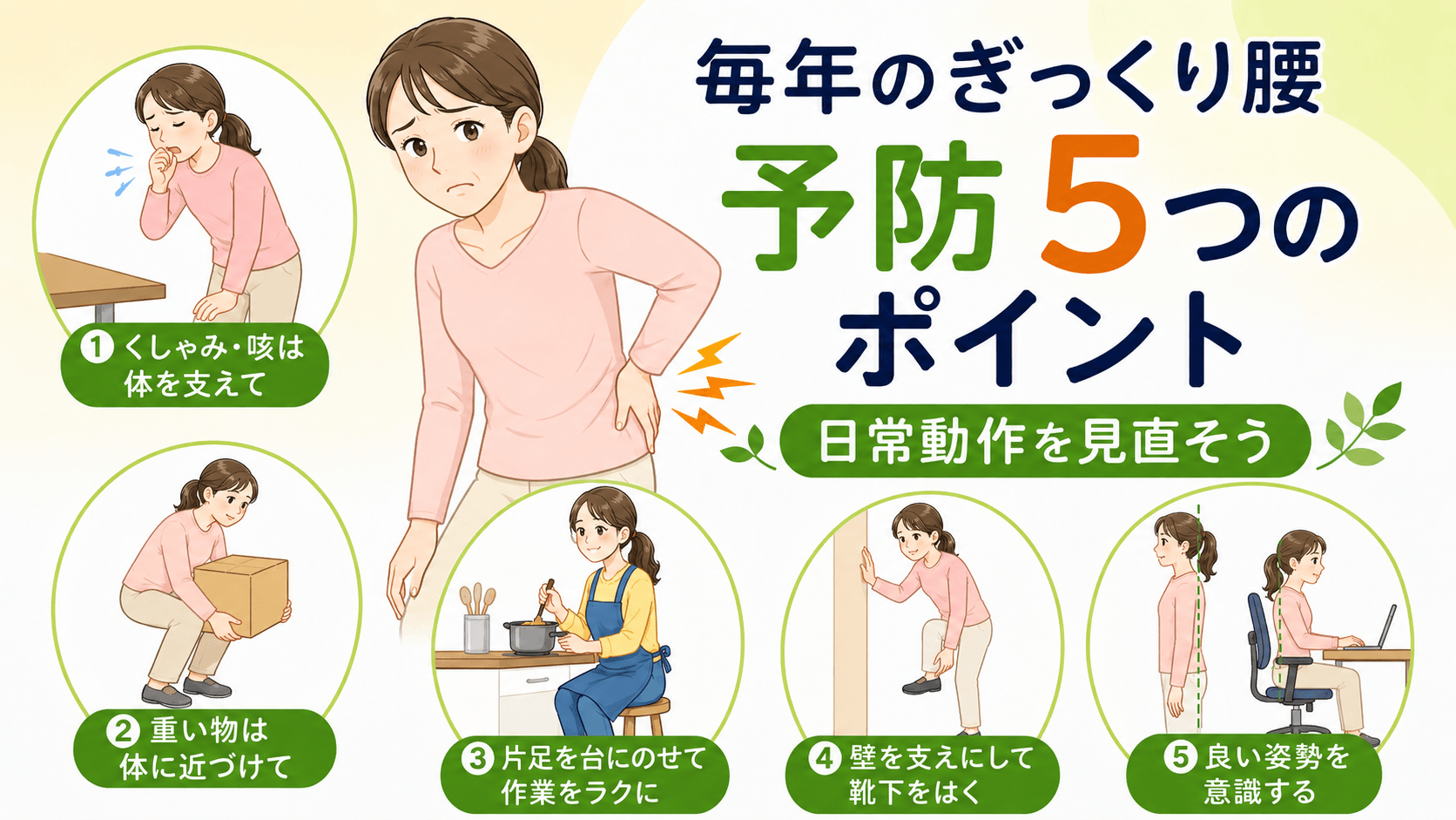 毎年のぎっくり腰を予防する5つのポイントを紹介するイラスト