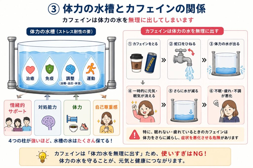 体力や回復力を水槽で表現し、睡眠不足や栄養不足、ストレスによって余力が減る仕組みを説明した図