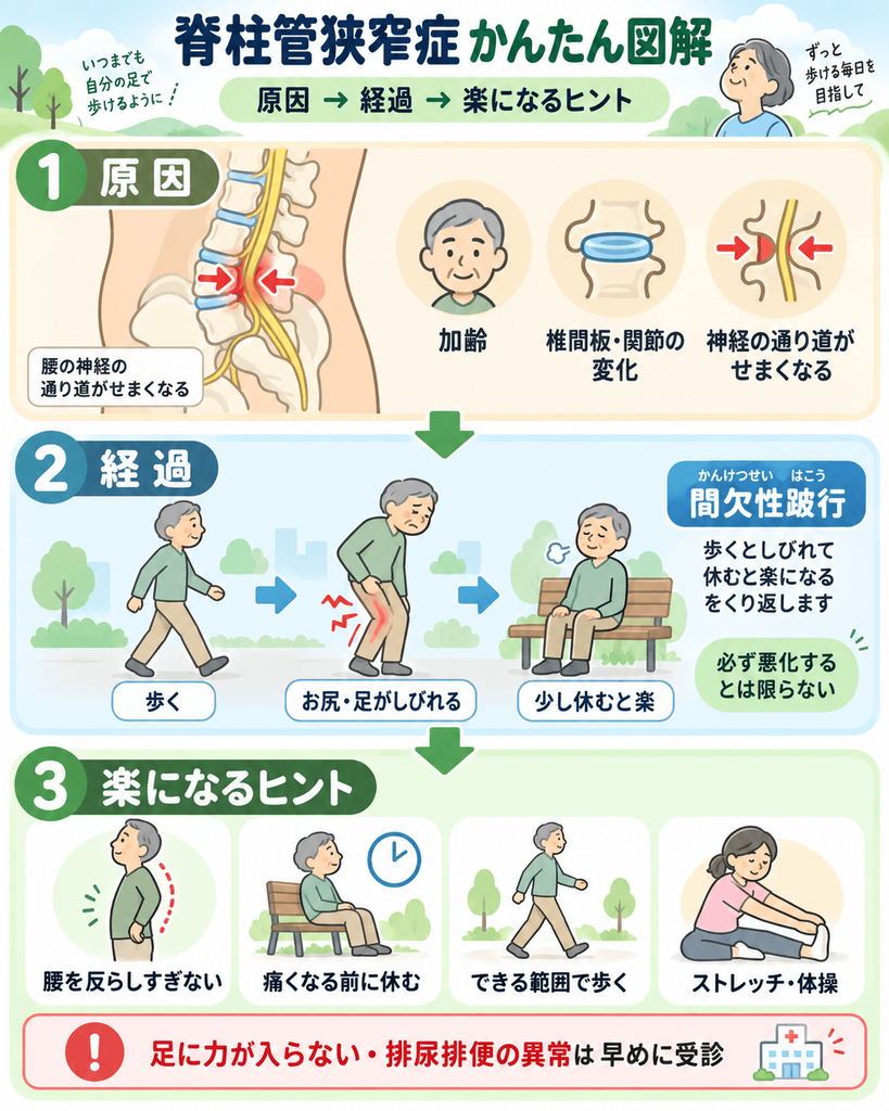 脊柱管狭窄症の原因・間欠性跛行の経過・楽になるためのポイントを示した図解