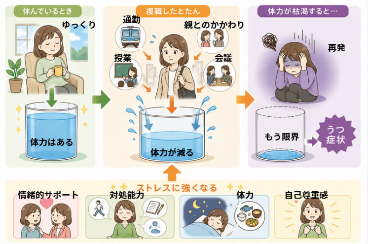 休職中に症状が落ち着いても、復職後にストレスが増えると体力が消耗し、再びうつ症状が現れることがあるため、ストレス耐性を高めることの重要性を示した図