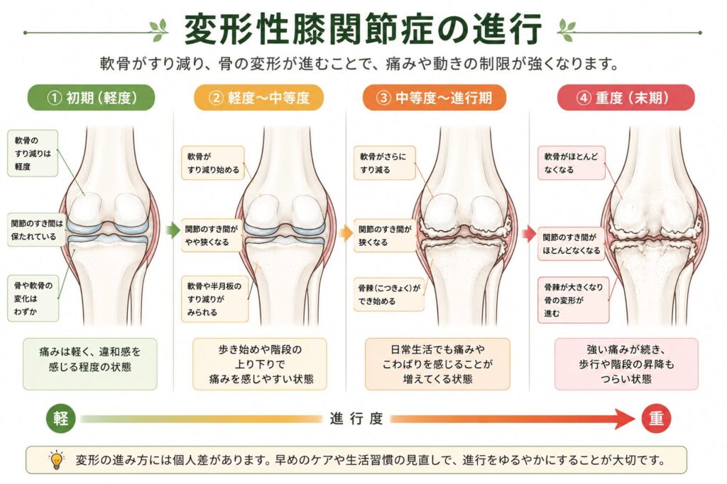 変形性膝関節症の進行の説明図