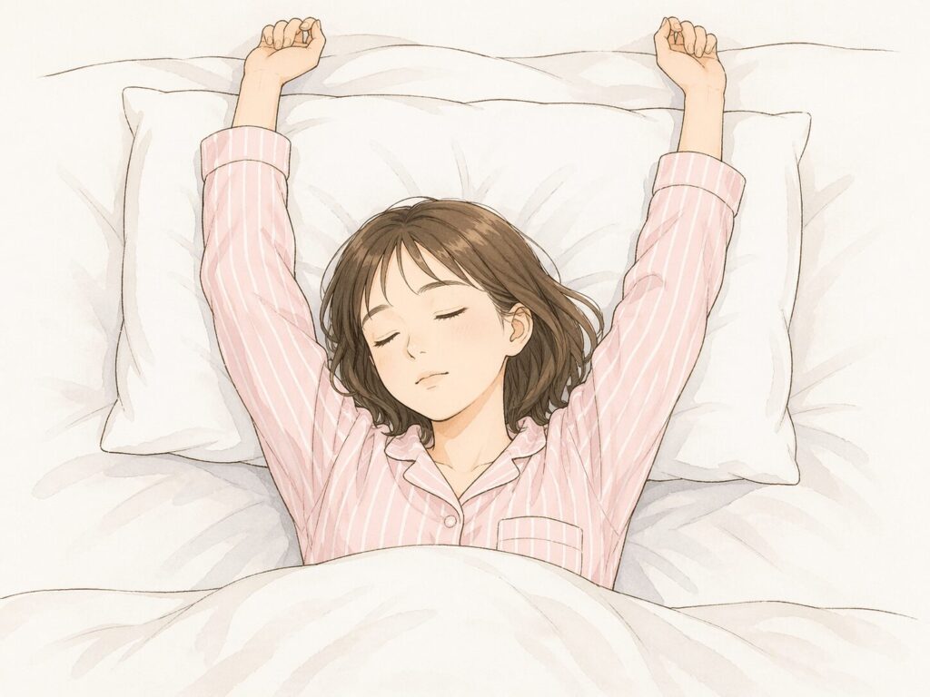 仰向けで腕を上げて眠る方は呼吸があさい可能性がある説明イラスト。女性が腕を上げて寝るイラスト。