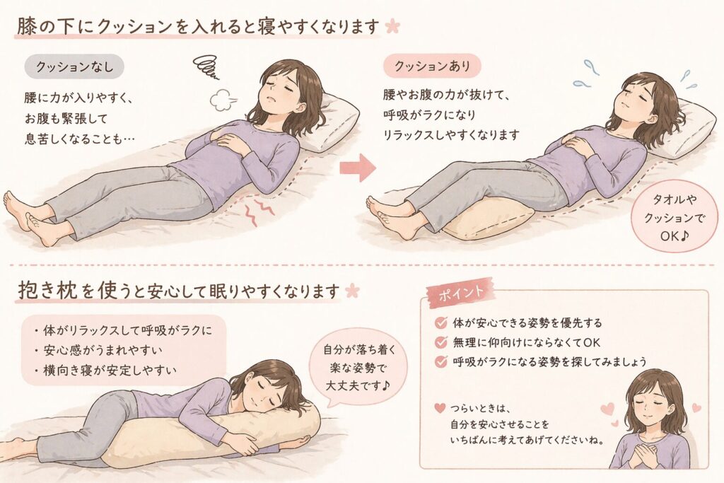 快適に眠る姿勢のアドバイスの図。仰向けの場合は膝にクッションを入れるとらくです。それと抱き枕でゆったり眠ることをお勧めします。