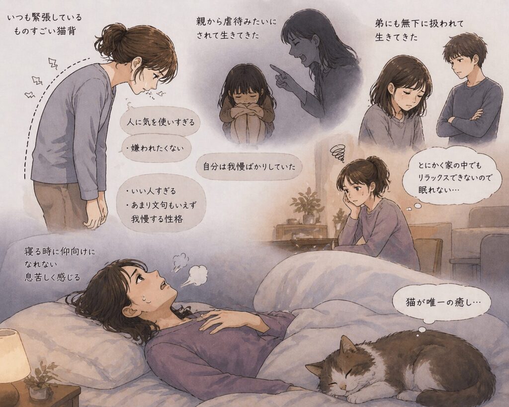 ストレスが原因で仰向けで眠れない女性。猫が唯一の癒し。家の中でもリラックスできない。説明イラスト。