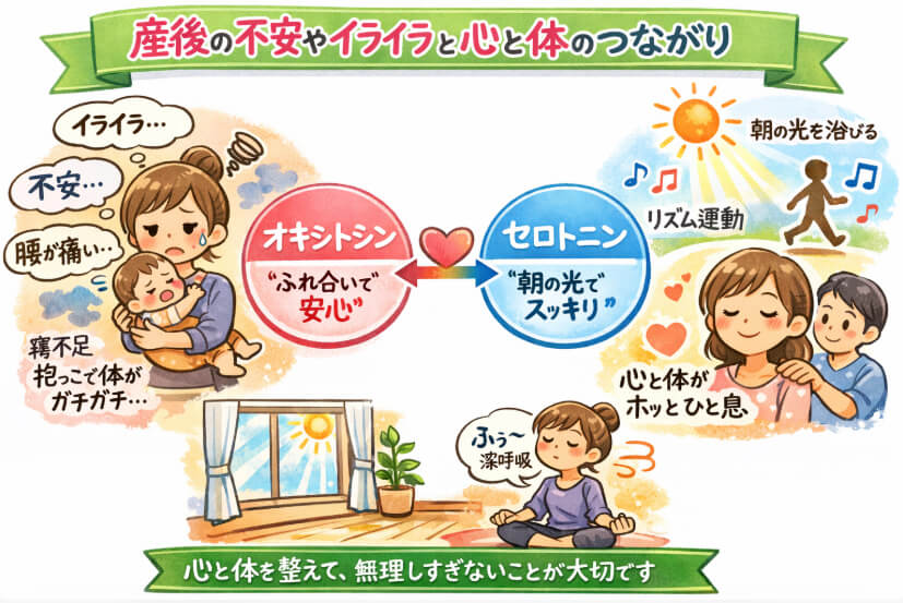 東大阪市の産後ケア整体が解説。産後の不調にはセロトニンとオキシトシンが大切の説明図。