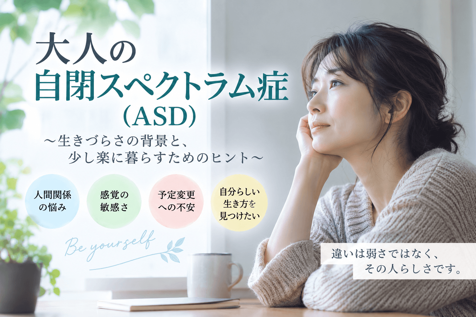 大人の自閉スペクトラム症(ASD)の生きづらさや人間関係、感覚の敏感さを解説するイメージ