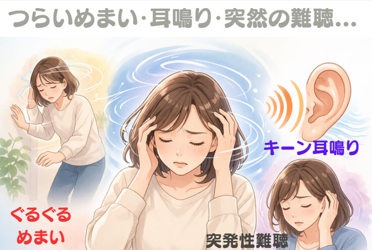 ぐるぐる回るめまいと耳鳴り、突発性難聴で頭を抱える女性のイラスト(東大阪市 自律神経 整体)