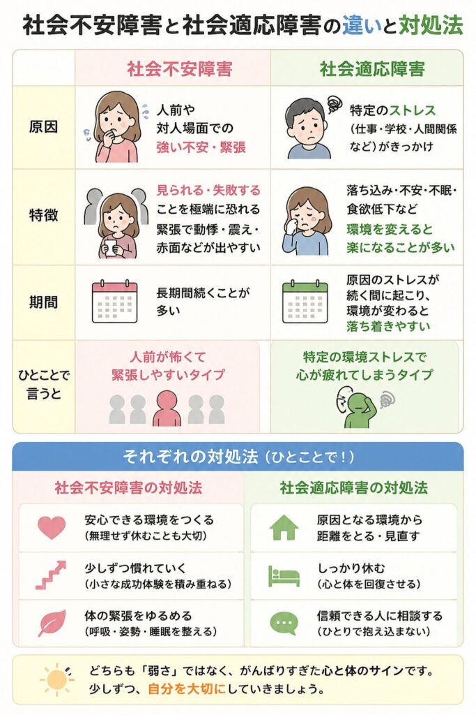 社会不安障害と社会適応障害の違い、対策の違いの解説図