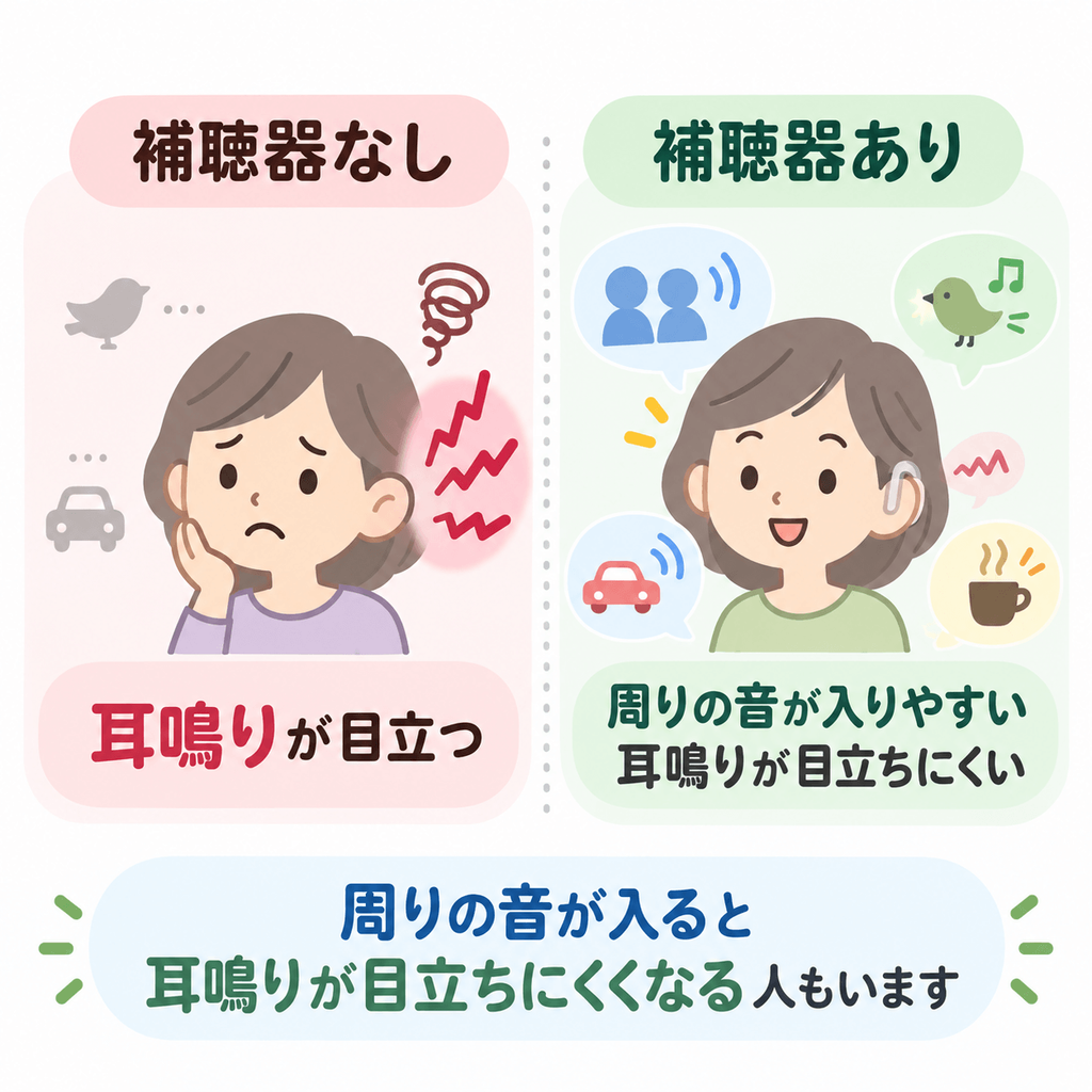 補聴器によって周囲の音が入り耳鳴りが目立ちにくくなる場合を示したイラスト