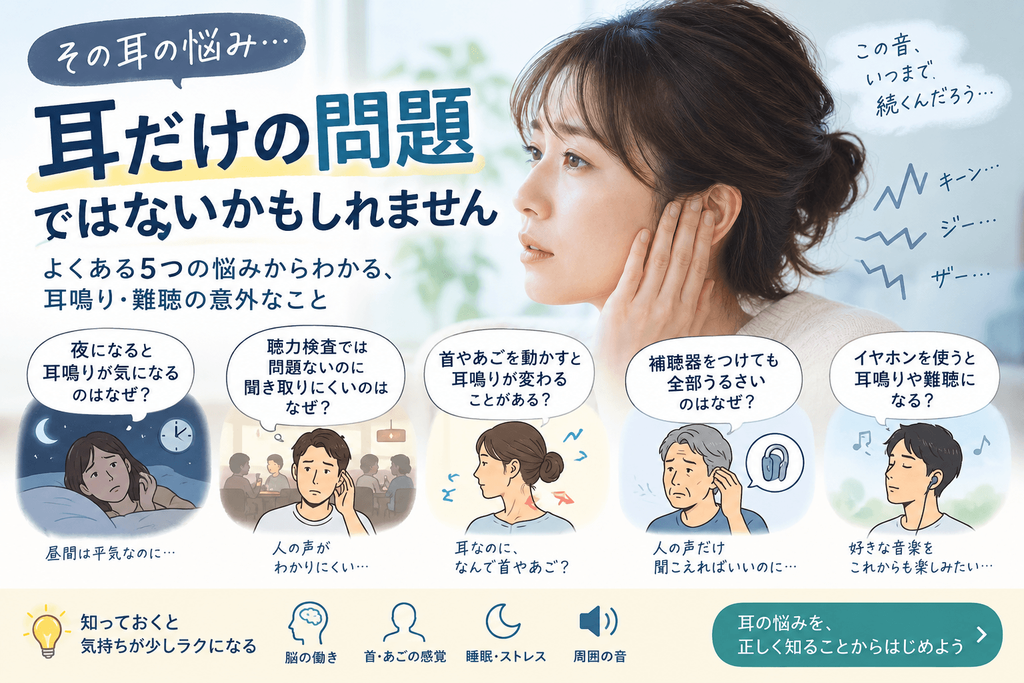 耳鳴り・難聴でよくある5つの悩みを紹介するイラスト