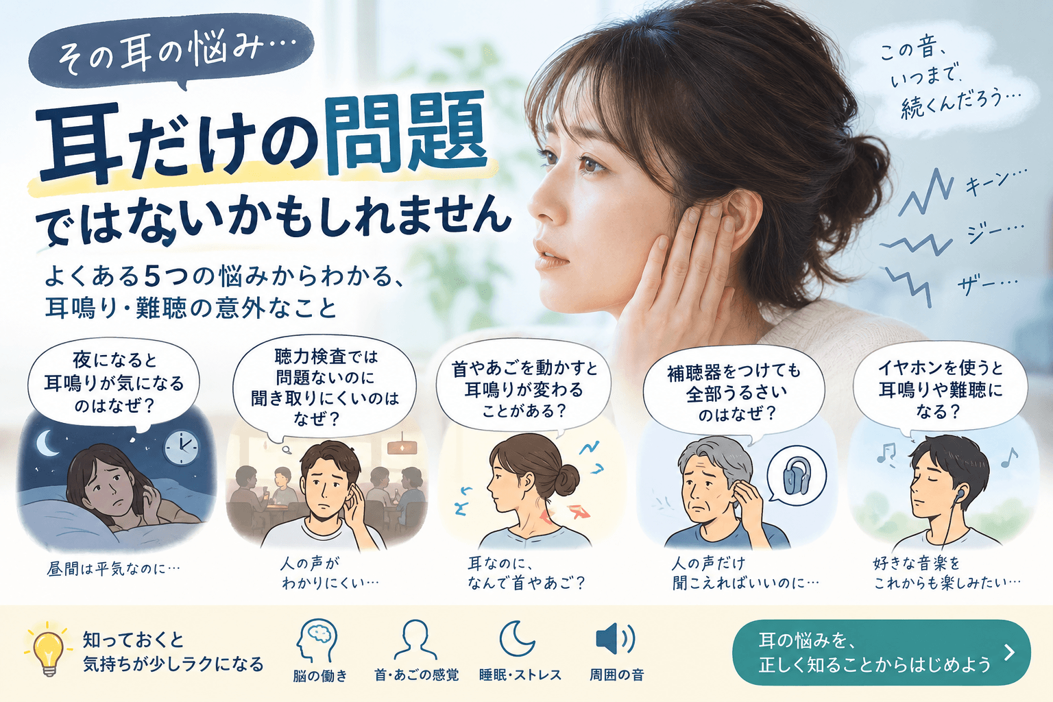 耳鳴り・難聴でよくある5つの悩みを紹介するイラスト
