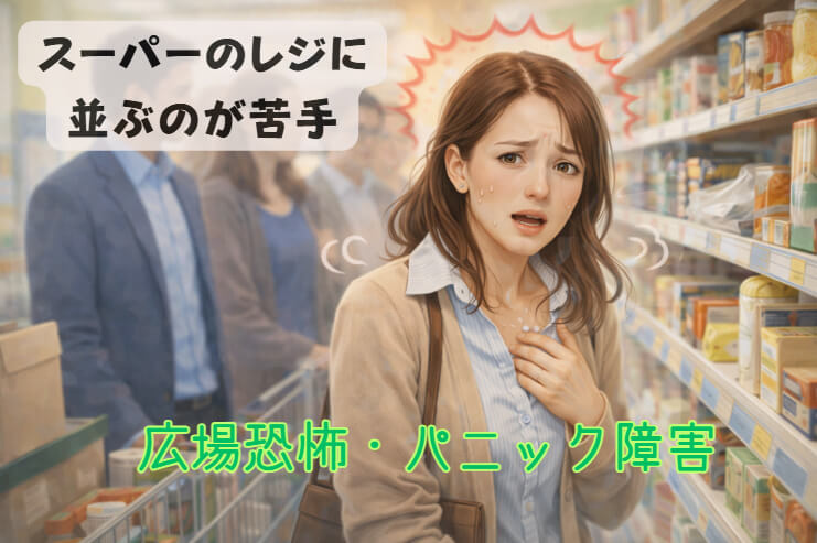 スーパーのレジに並ぶと不安が強くなる女性のイメージ。広場恐怖やパニック、自律神経の乱れで悩む方へ