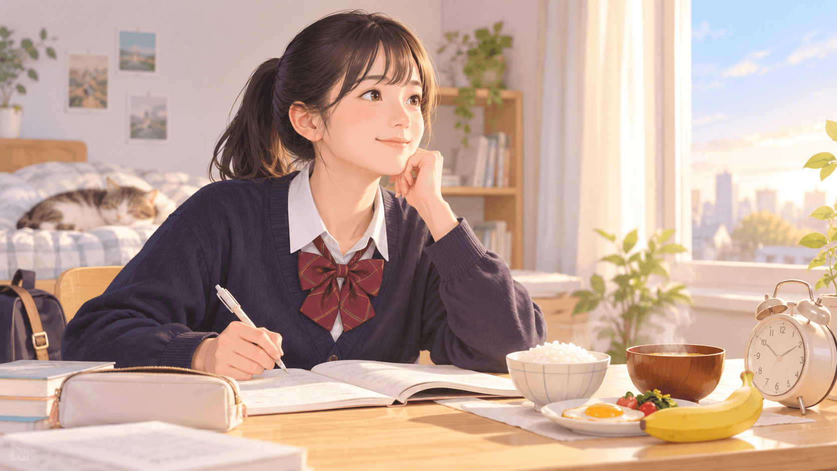 受験前の学生が朝食をとりながら勉強する様子。受験前日・当日の睡眠や食事、体調管理について解説するおおくま整骨院の記事