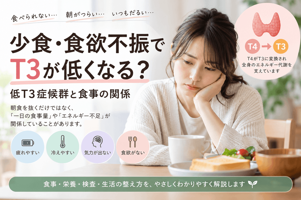 少食や食欲不振による低T3症候群と食事の関係を解説する、疲れやだるさを感じる女性のイラスト