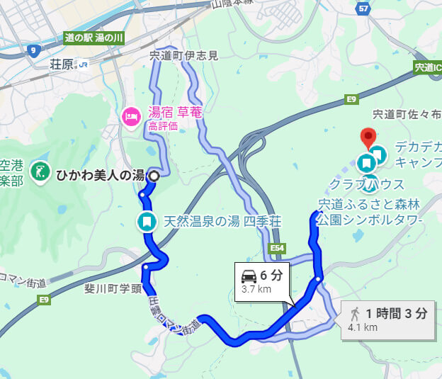 ひかわ美人の湯から宍道ふるさと森林公園のキャンプ場までの道順案内図。
