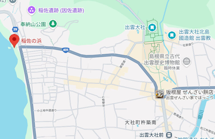 稲佐の浜から出雲大社への地図