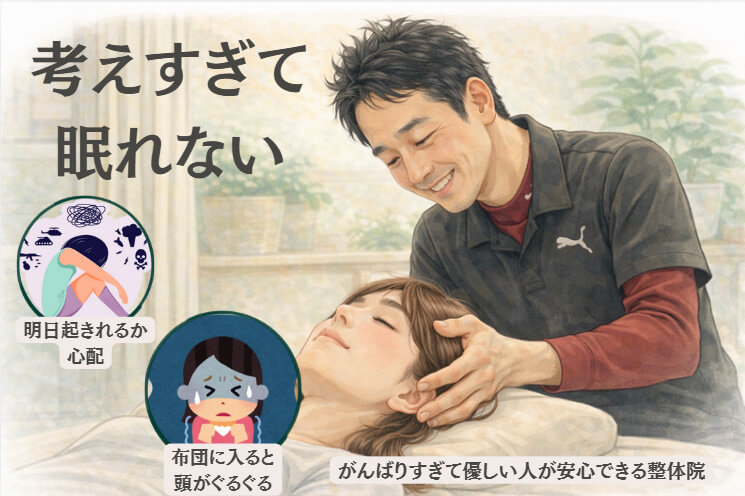 東大阪市の自律神経専門整体のおおくま整骨院に多い、考えすぎて眠れない女性が施術でラクになるイメージ