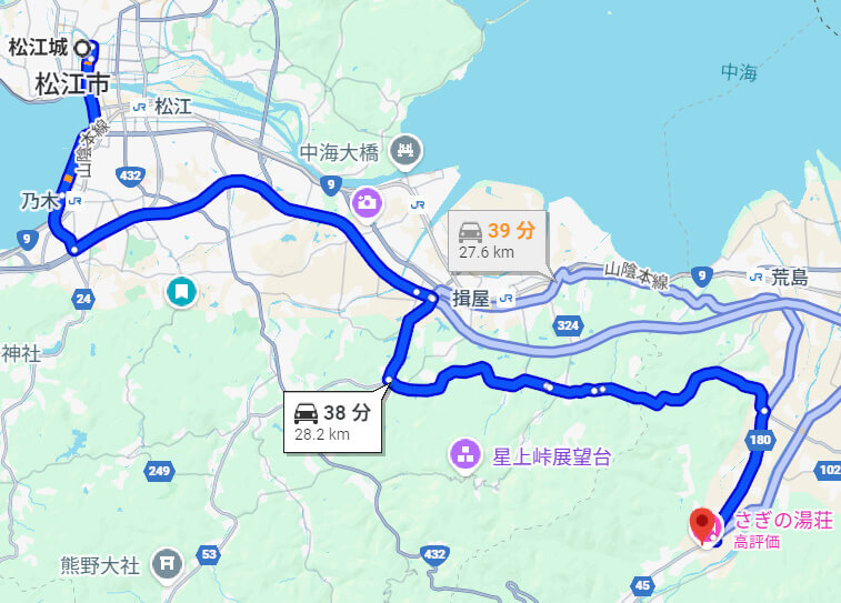 松江城から足立美術館への道十案内図。