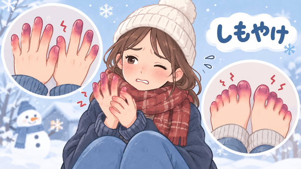 しもやけで手足の指が赤紫色に腫れかゆみや痛みが出ている冬のイラスト