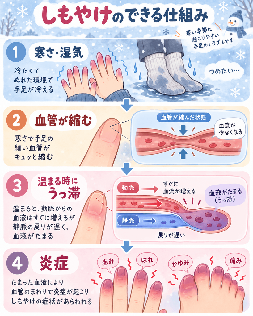 寒さで血管が縮み温まる時の血流のうっ滞から炎症が起こりしもやけになる仕組みを示したイラスト