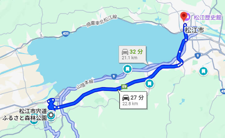 宍道ふるさと森林公園から松江城への道順案内図。