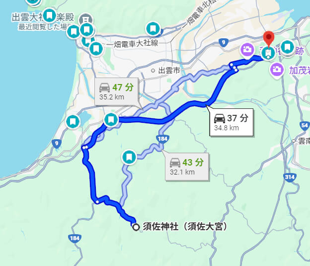 須佐神社からひかわ美人の湯(湯の川温泉)までの道順案内図。