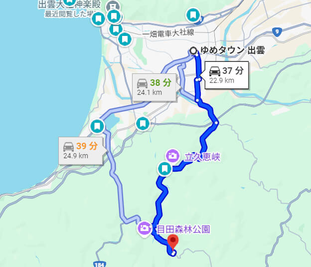 ゆめタウン出雲から須佐神社への道順案内図。