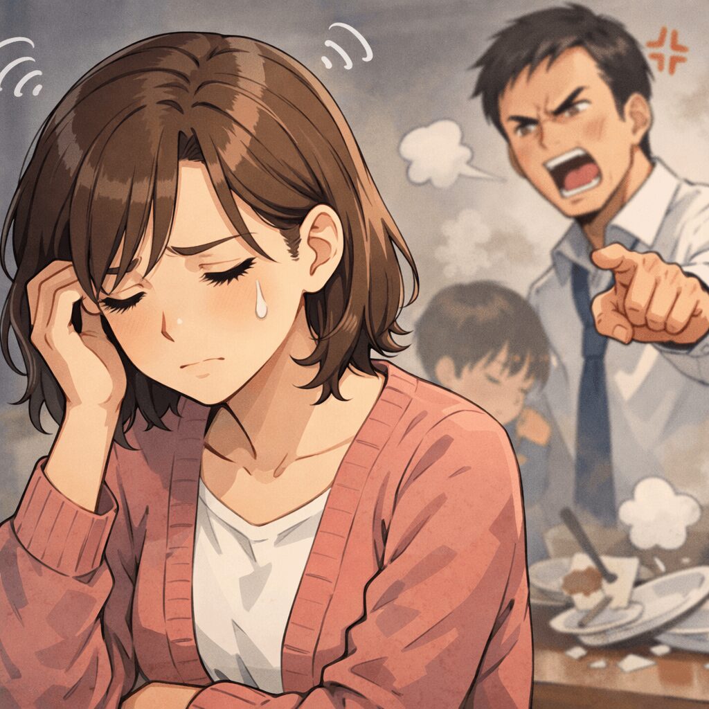 東大阪市で夫の怒りや威圧的な言動に悩み、不安やストレスでつらそうにしている女性のイラスト