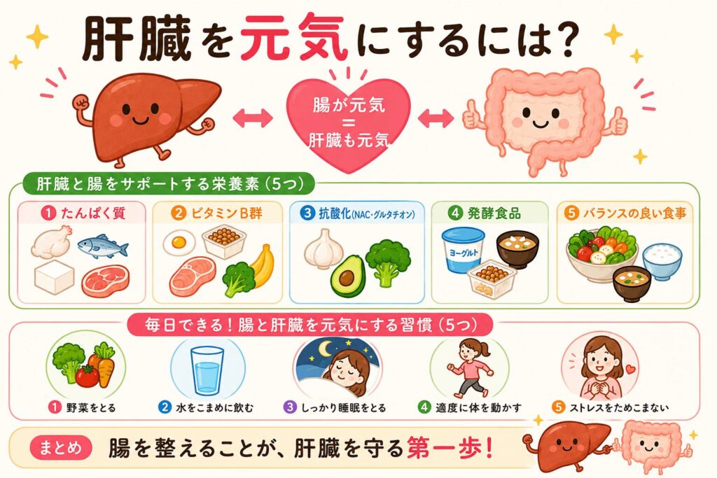 お酒を飲むと不足しやすい栄養素と、肝臓・腸のセルフケアをまとめたイラスト