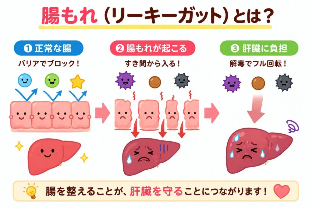 リーキーガット(腸もれ)によって有害物質が腸から血液へ入り、肝臓へ運ばれる仕組みを示したイラスト