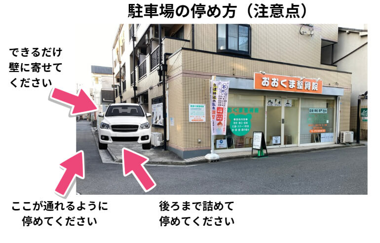 おおくま整骨院の駐車場の停め方の注意点の説明図
