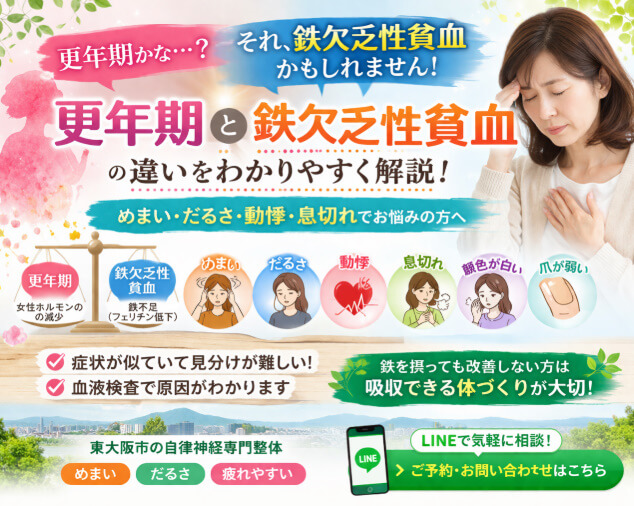 更年期のようなめまい・だるさ・動悸の原因が鉄欠乏性貧血の可能性もあることを解説するイメージ｜東大阪市 自律神経 整体
