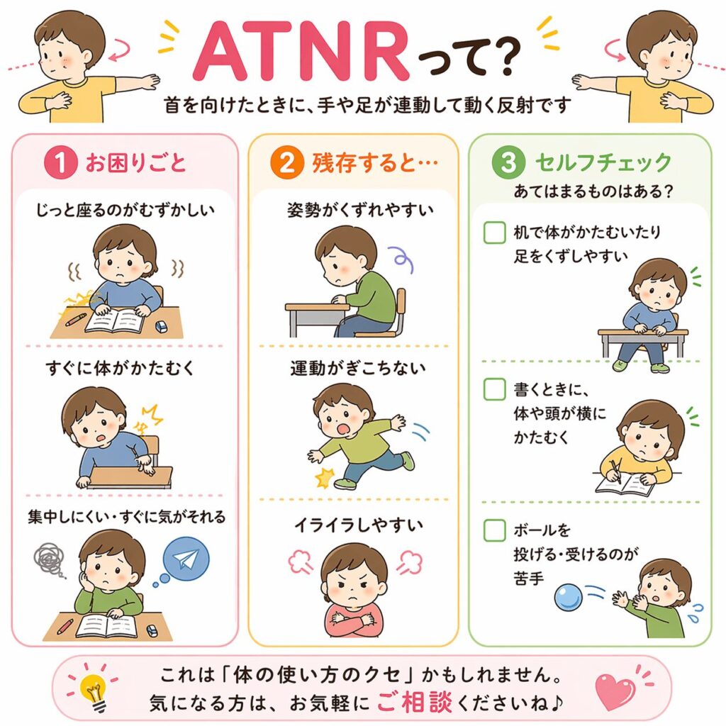 姿勢や書く動作に影響するATNR（原始反射）の動きを示したイラスト