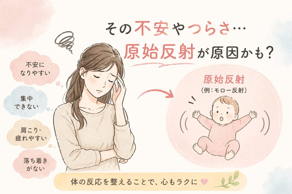 東大阪市で自律神経の不調や不安に悩む女性と原始反射の関係を示したイラスト