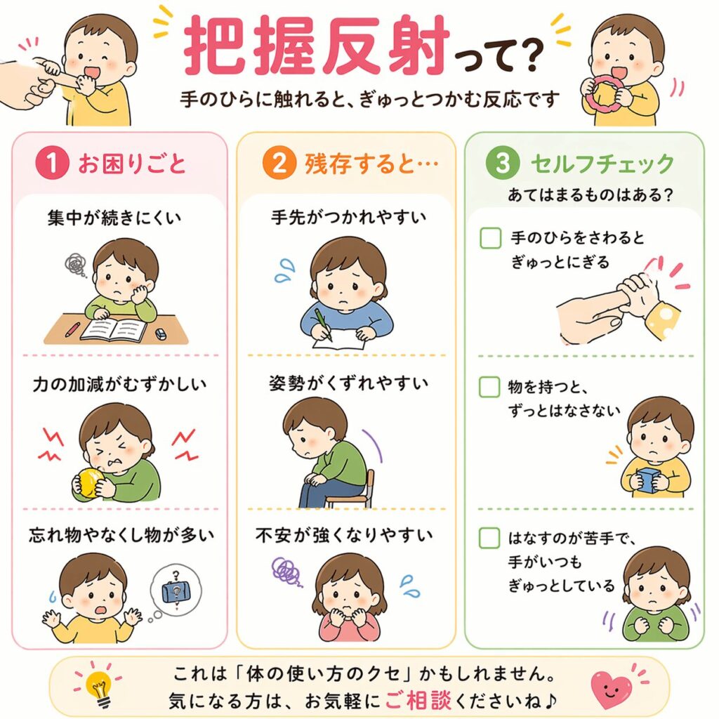 力が抜けにくく自律神経に影響しやすい把握反射のイラスト