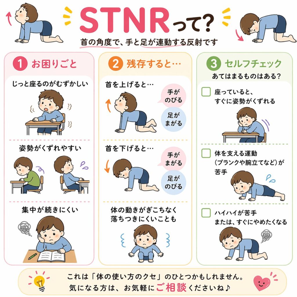 集中力や姿勢に影響するSTNR（原始反射）を示したイラスト
