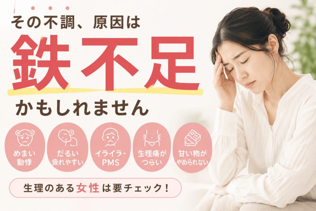 疲れやめまいに悩む女性「隠れ貧血かも?」生理痛・PMS・イライラ・疲労感など女性の不調と鉄不足の関係をわかりやすく伝えているイラスト。