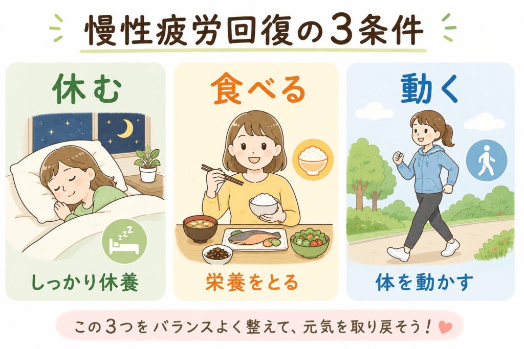 慢性疲労回復に大切な栄養・休養・運動の3条件