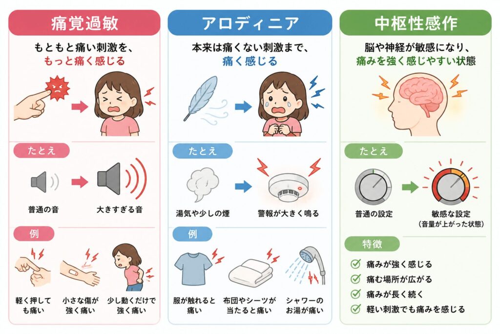 神経が敏感になることで痛みの音量が大きくなる仕組みを表したイラスト