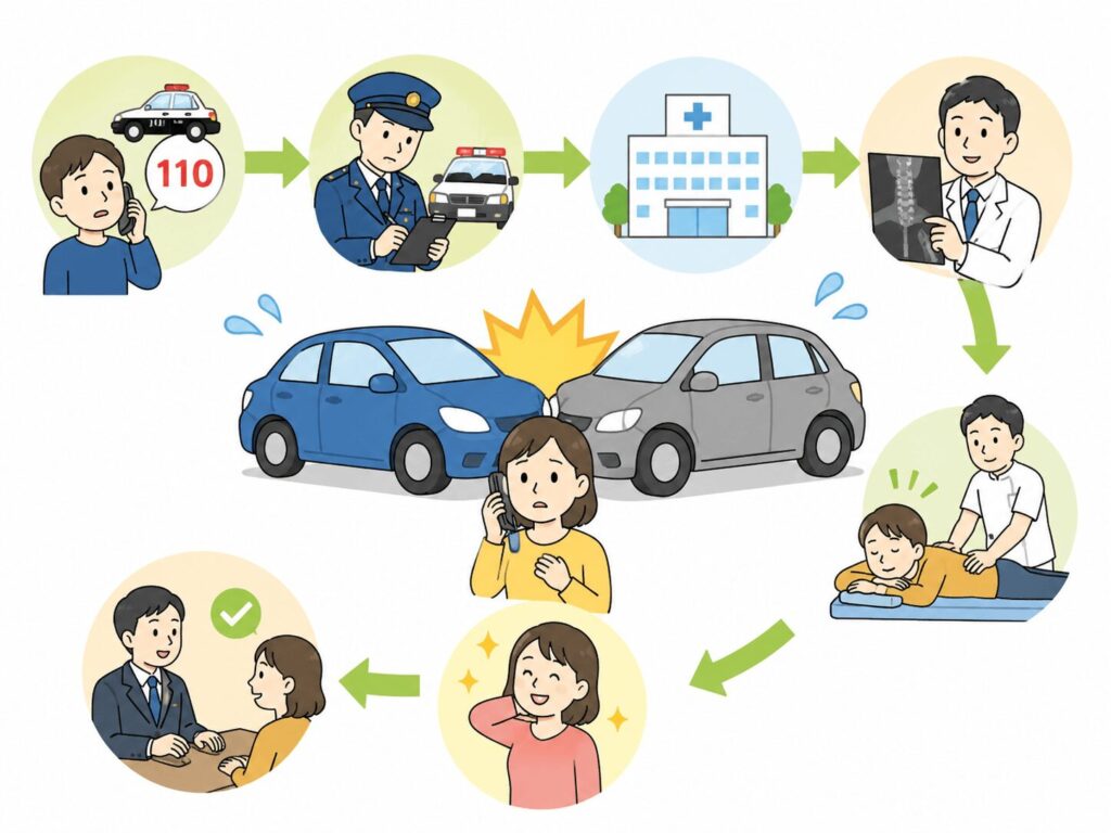 交通事故後の流れを示したイラスト。安全確保、警察への連絡、整形外科の受診、整骨院での施術、示談までの流れをわかりやすく紹介。