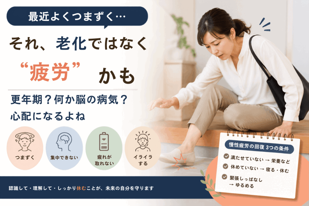 慢性疲労で疲れが抜けずつまずきやすい女性のイメージ