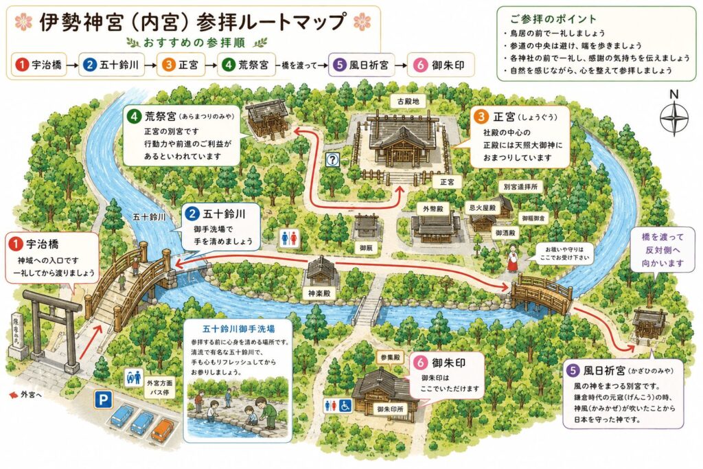 伊勢神宮内宮の参拝順がわかる境内マップ