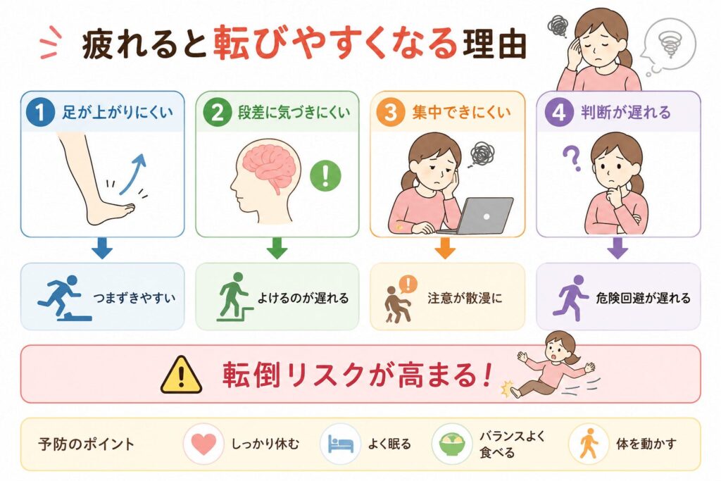 疲労で筋肉・注意力・判断力が低下し転倒しやすくなる仕組み