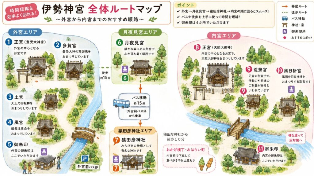 伊勢神宮の日帰り参拝ルートマップ。外宮、月夜見宮、猿田彦神社、内宮、おかげ横丁を巡る順番と移動方法をまとめた地図