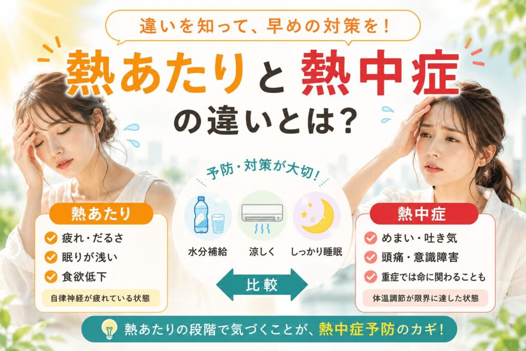 熱あたりと熱中症の違いを比較したイラスト。原因・症状・対策・自律神経との関係をわかりやすく解説。