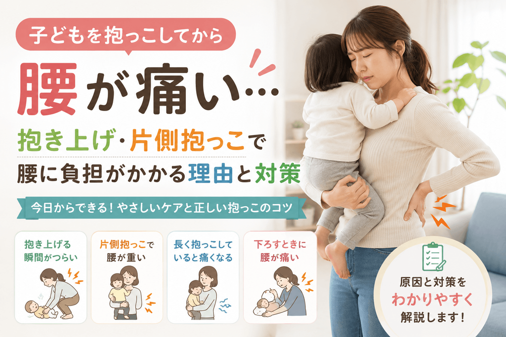 子どもを抱っこして腰が痛い女性と、抱き上げ・片側抱っこによる腰への負担を解説するイラスト