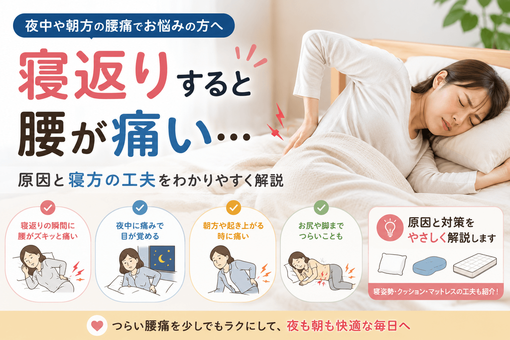 寝返りをすると腰が痛い女性と、夜中・朝方の腰痛や寝方の工夫を解説するイラスト