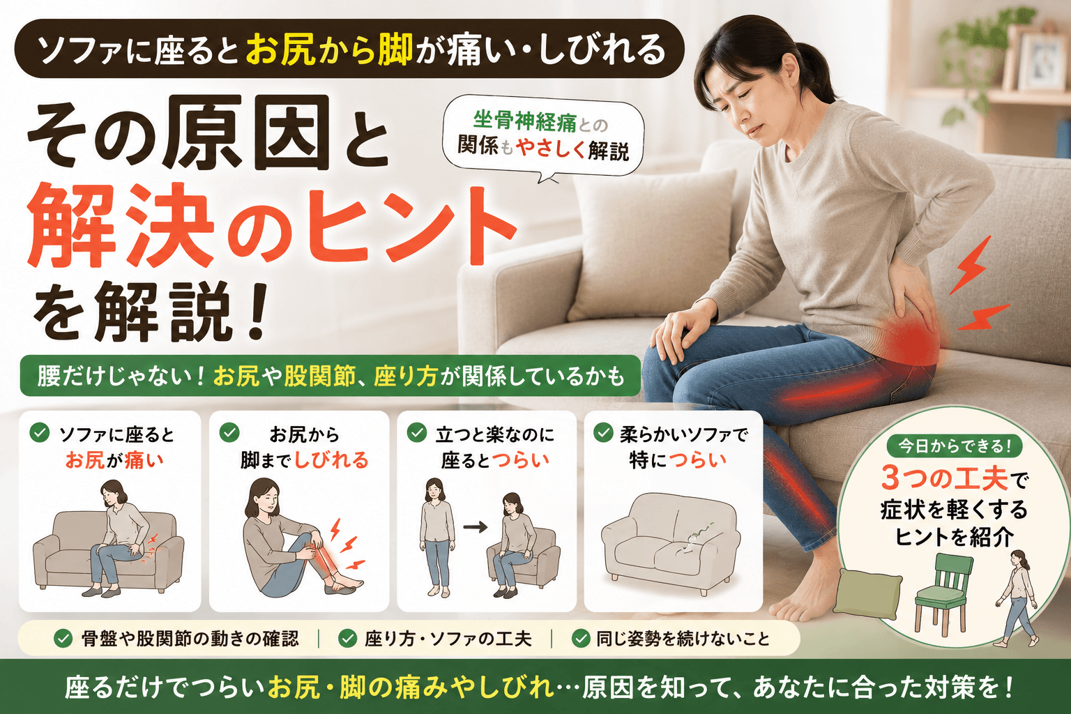 ソファなどに座っているとお尻から足が痛くなる女性のイラスト